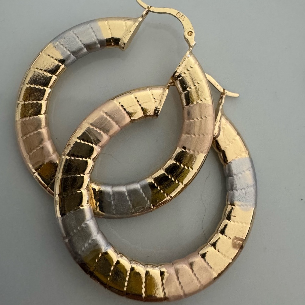 Tri-Tone Textured Hoop Earrings — Gold, Silver & Rose Gold